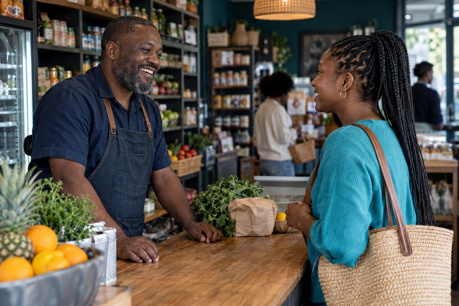 A local shopkeeper and customer connecting at a neighbourhood store