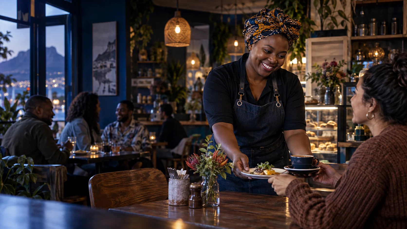 A hospitality worker serving a customer