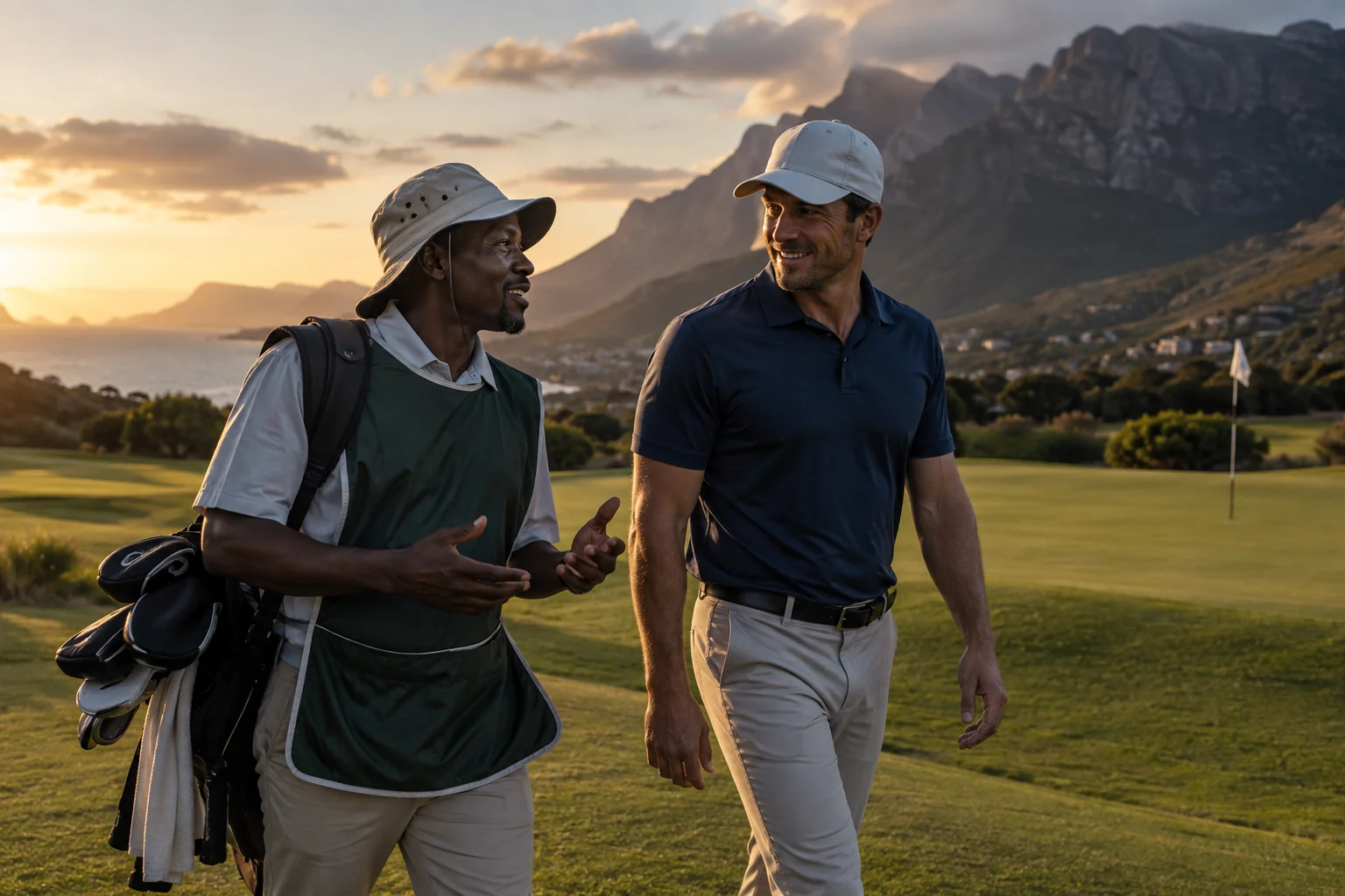 A caddie and golfer walking together on a South African course