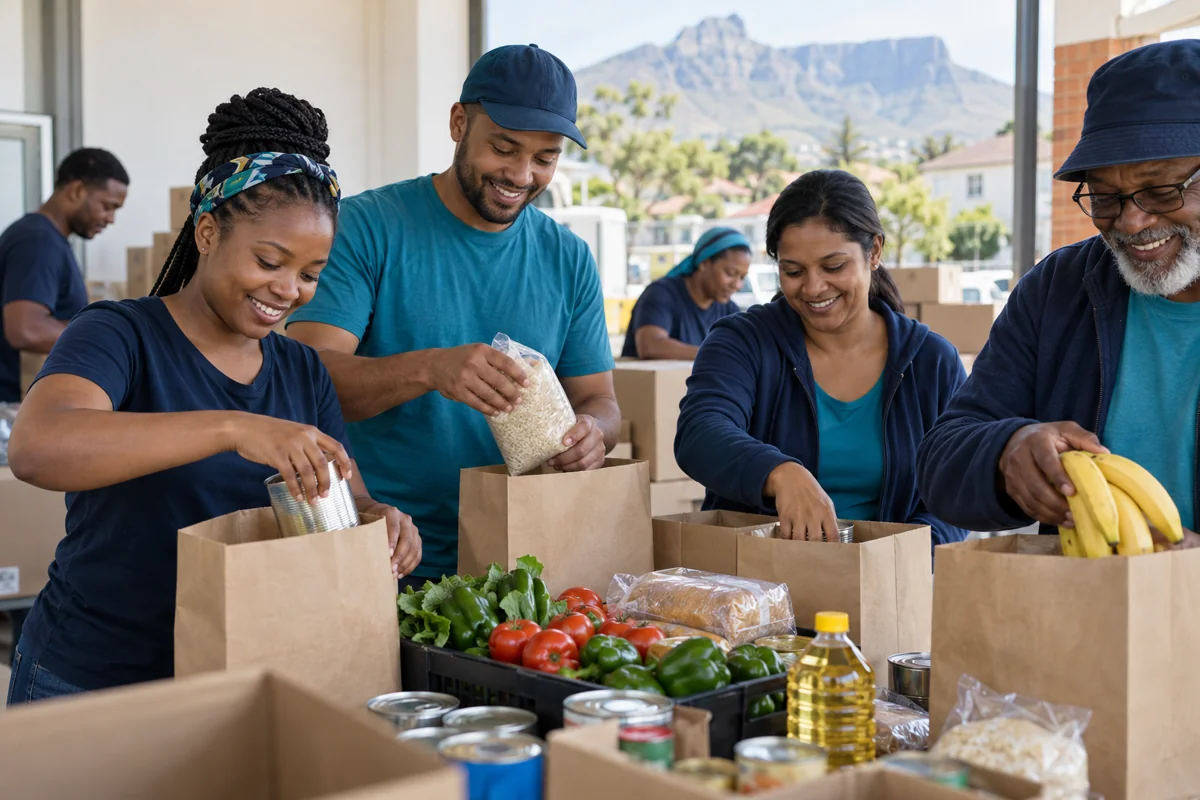 Community volunteers preparing grocery parcels together