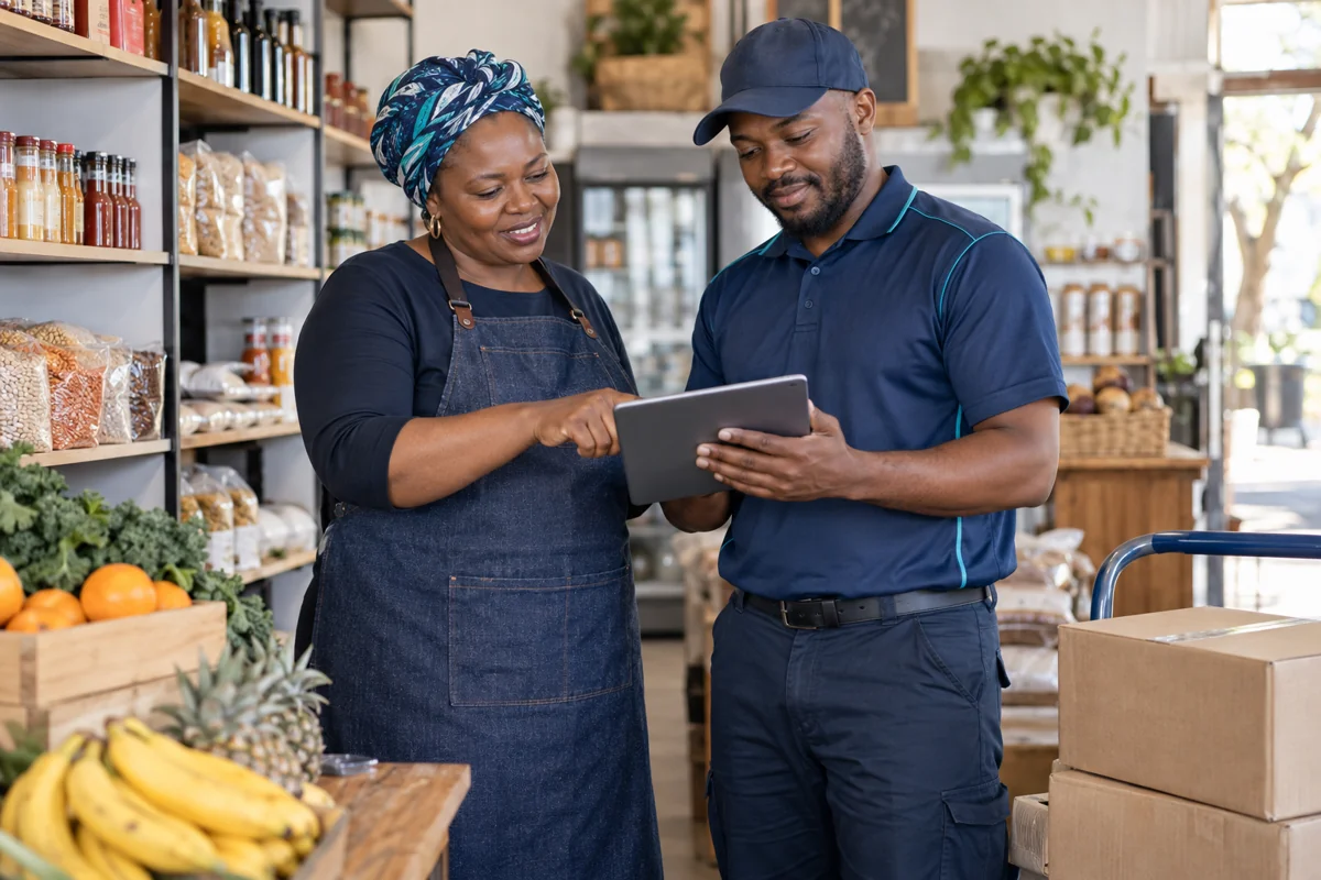 A shopkeeper and supplier reviewing a stock order on a tablet