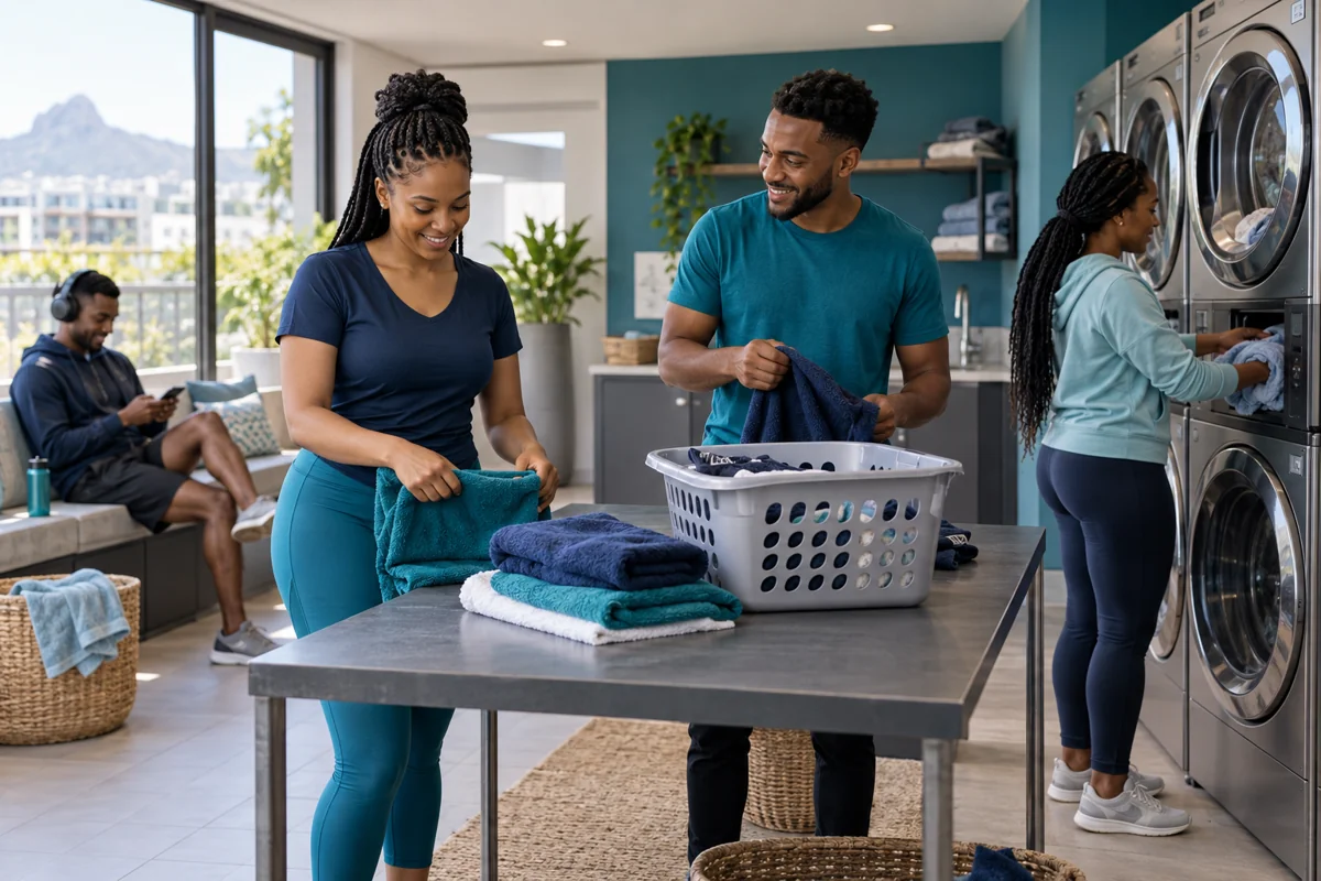 Residents using a communal laundry