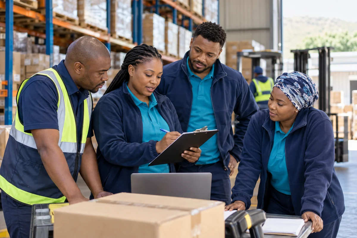 Warehouse colleagues reviewing their work together
